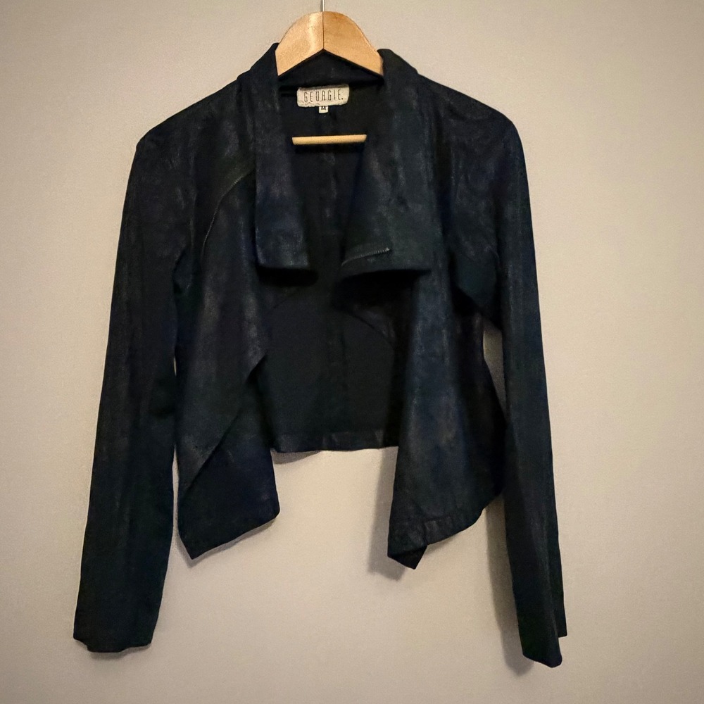 Georgie Womens Navy Blue Metallic Crackle Moto Jacket Asymmetrical Zip Size M